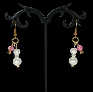 Gold Dangle Drop Earrings with Pink & Pearls Coquette Girl Modern Retro Glam